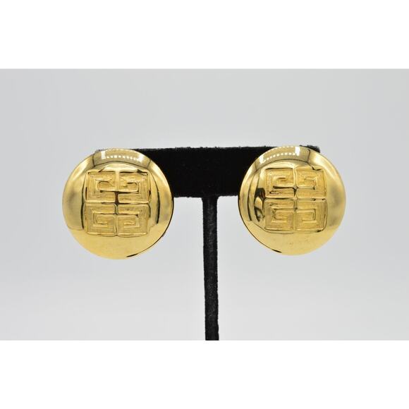 Givenchy Vintage Logo Clip On Earrings 4G Gold Round Bold Chunky Signed 80s BnS - Picture 1 of 10